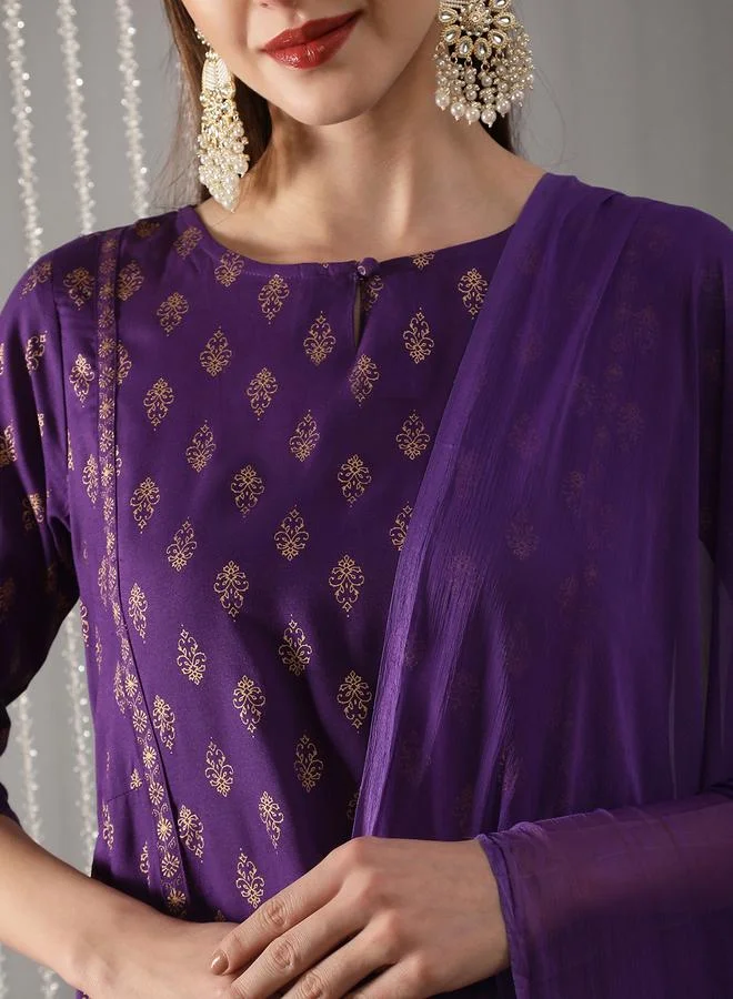 Globus  Women Purple A-Line Kurta with Pant and Dupatta Set for Women | Best Price UAE